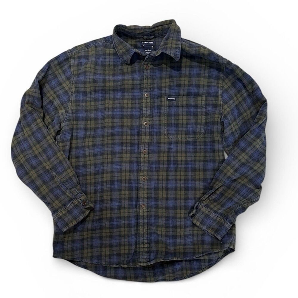 Vintage Structure Shirt Men Large Plaid Flannel Cotton Workwear Faded Pocket